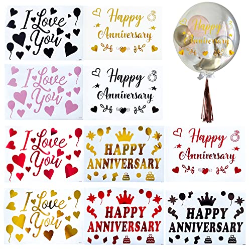 Mimeile Happy Anniversary Balloon Stickers I Love You Bobo Balloon Stickers Mixed Color DIY Letter Decorative Decals Glass Paster Celebration Party Supplies 10 PCS - Image 1