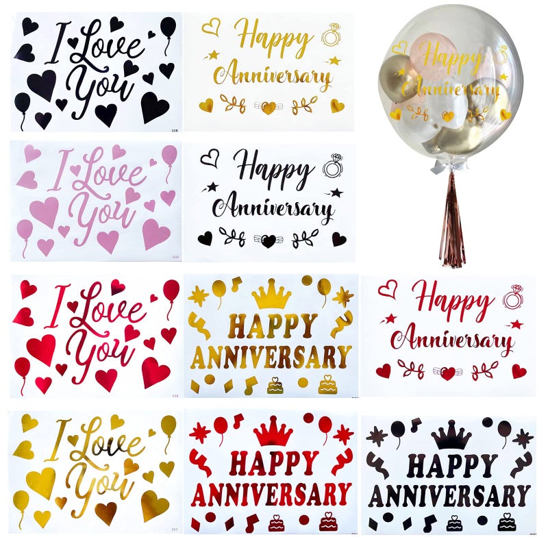 Mimeile Happy Anniversary Balloon Stickers I Love You Bobo Balloon Stickers Mixed Color DIY Letter Decorative Decals Glass Paster Celebration Party Supplies 10 PCS - Image 2