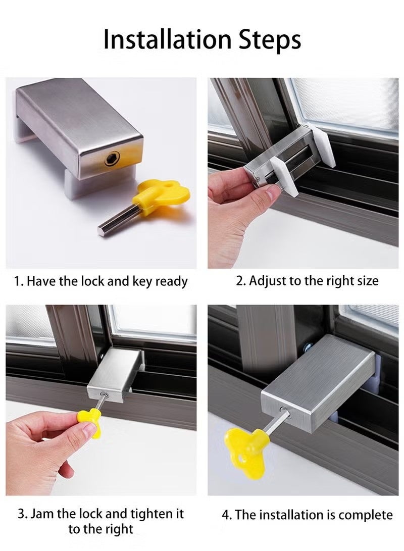 مجموعة أقفال نوافذ منزلقة مكونة من 3 قطع، سدادة حماية النوافذ من الفولاذ المقاوم للصدأ، قابلة للتعديل، أبواب خزانة الفناء، قفل أمان، أقفال نوافذ آمنة للمنزل والمكتب، سلامة الطفل مع مفاتيح - Image 5