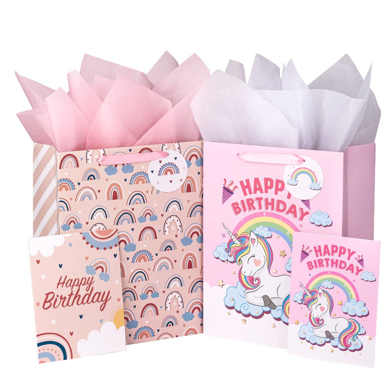 WRAPAHOLIC 13 Large Birthday Gift Bags with Card and Tissue Paper 2 Pack for Kids Girl Birthday Gift Wrap