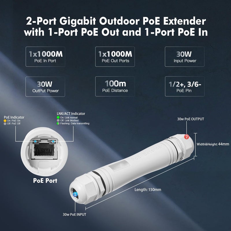 Binardat Outdoor IP67 Waterproof Gigabit PoE Passthrough Switch, 1 PoE in 1 PoE Out Extender, IEEE802.3af/at PoE Powered 30W, 10/100/1000Mbps Ethernet, Wall Mount Plug and Play - Image 5