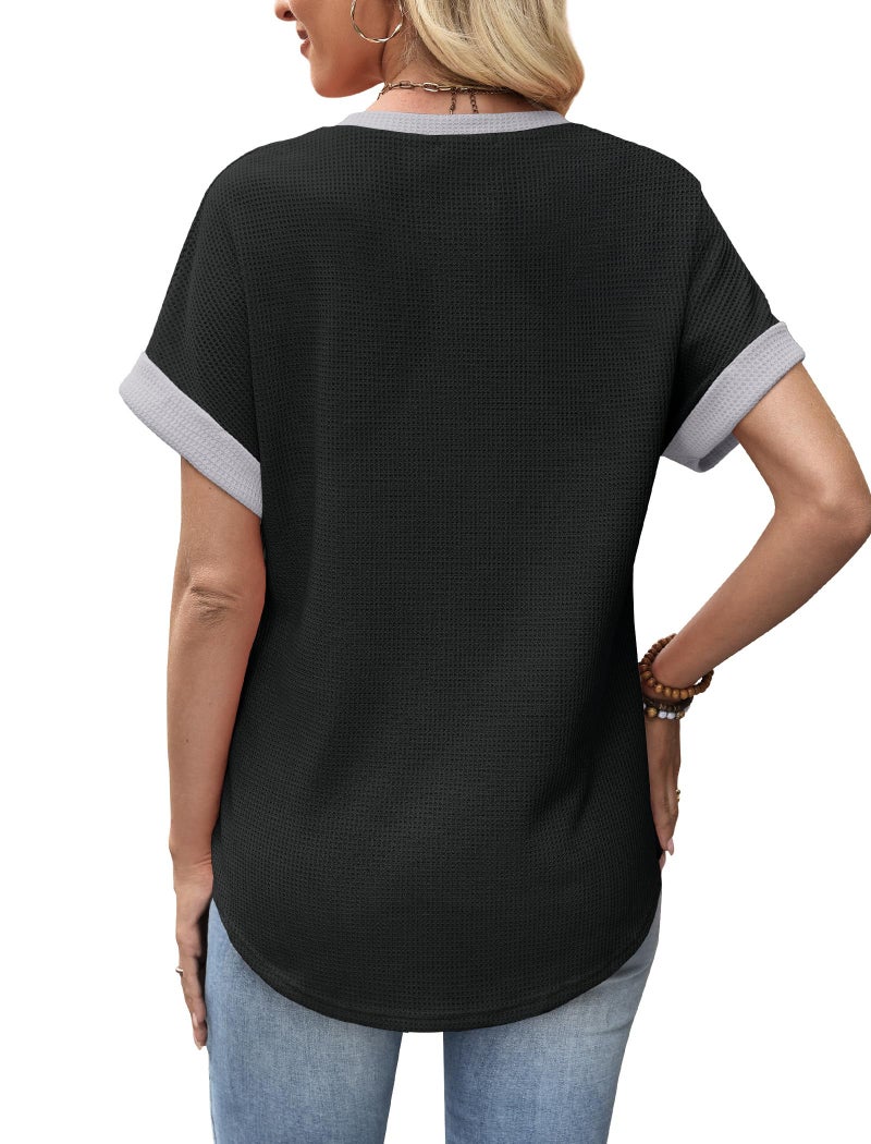 SAMPEEL Womens Tops Dressy Casual Short Sleeve Shirts Fashion Beach Vacation Clothes Summer Outfits Date Lightweight Sweaters Plus Size Black L - Image 5