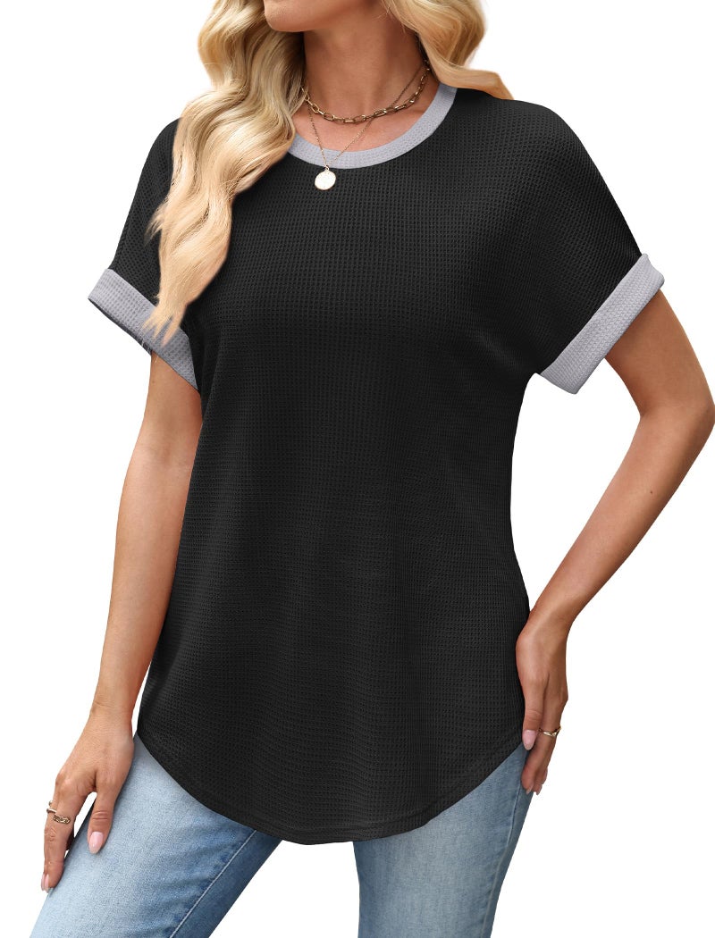 SAMPEEL Womens Tops Dressy Casual Short Sleeve Shirts Fashion Beach Vacation Clothes Summer Outfits Date Lightweight Sweaters Plus Size Black L - Image 4