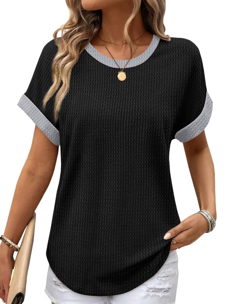 SAMPEEL Womens Tops Dressy Casual Short Sleeve Shirts Fashion Beach Vacation Clothes Summer Outfits Date Lightweight Sweaters Plus Size Black L - Image 1