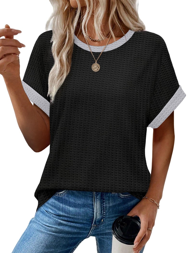 SAMPEEL Womens Tops Dressy Casual Short Sleeve Shirts Fashion Beach Vacation Clothes Summer Outfits Date Lightweight Sweaters Plus Size Black L - Image 2