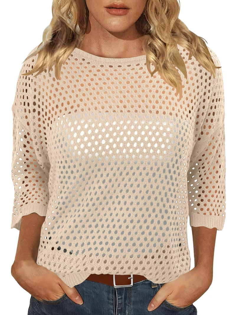 CRAZY GRID Womens Fashion Spring Summer Crew Neck Half Sleeve Crochet Top 2026 Pullover Mesh Sweaters Work Loose Shirts Beach Cover Ups Apricot XX-Large - Image 4