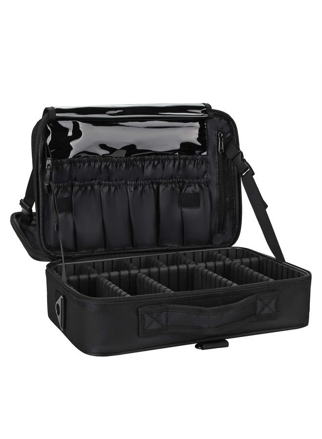 Relavel Makeup Bag Travel Makeup Train Case 13.8 inches Large Cosmetic Case Professional Portable Makeup Brush Holder Organizer and Storage with Adjustable Dividers and Shoulder Strap Black - Image 1