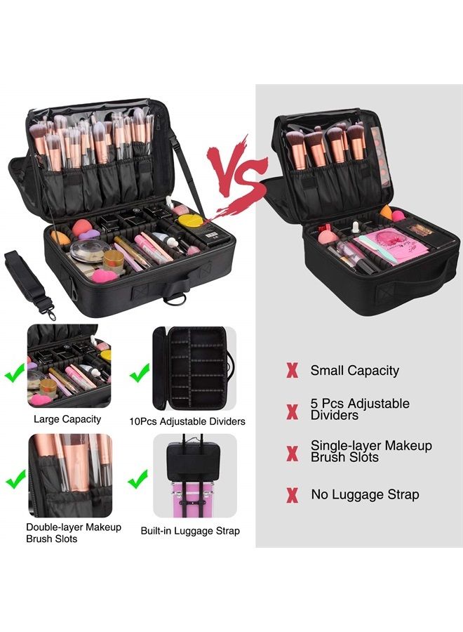 Relavel Makeup Bag Travel Makeup Train Case 13.8 inches Large Cosmetic Case Professional Portable Makeup Brush Holder Organizer and Storage with Adjustable Dividers and Shoulder Strap Black - Image 2