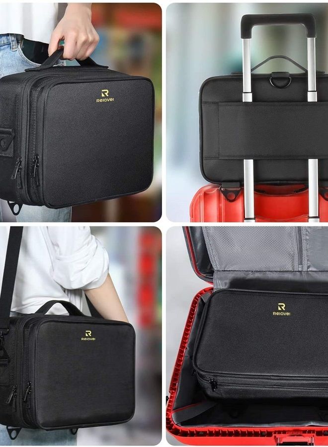 Relavel Makeup Bag Travel Makeup Train Case 13.8 inches Large Cosmetic Case Professional Portable Makeup Brush Holder Organizer and Storage with Adjustable Dividers and Shoulder Strap Black - Image 3
