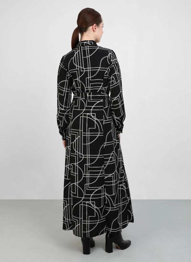Refka by modanisa Geometric Patterned Poplin Dress - Black and White - Refka