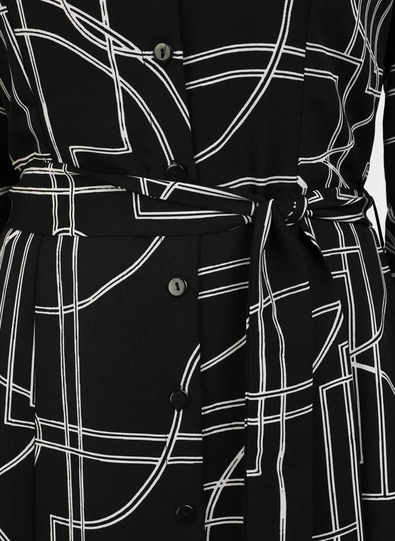 Refka by modanisa Geometric Patterned Poplin Dress - Black and White - Refka