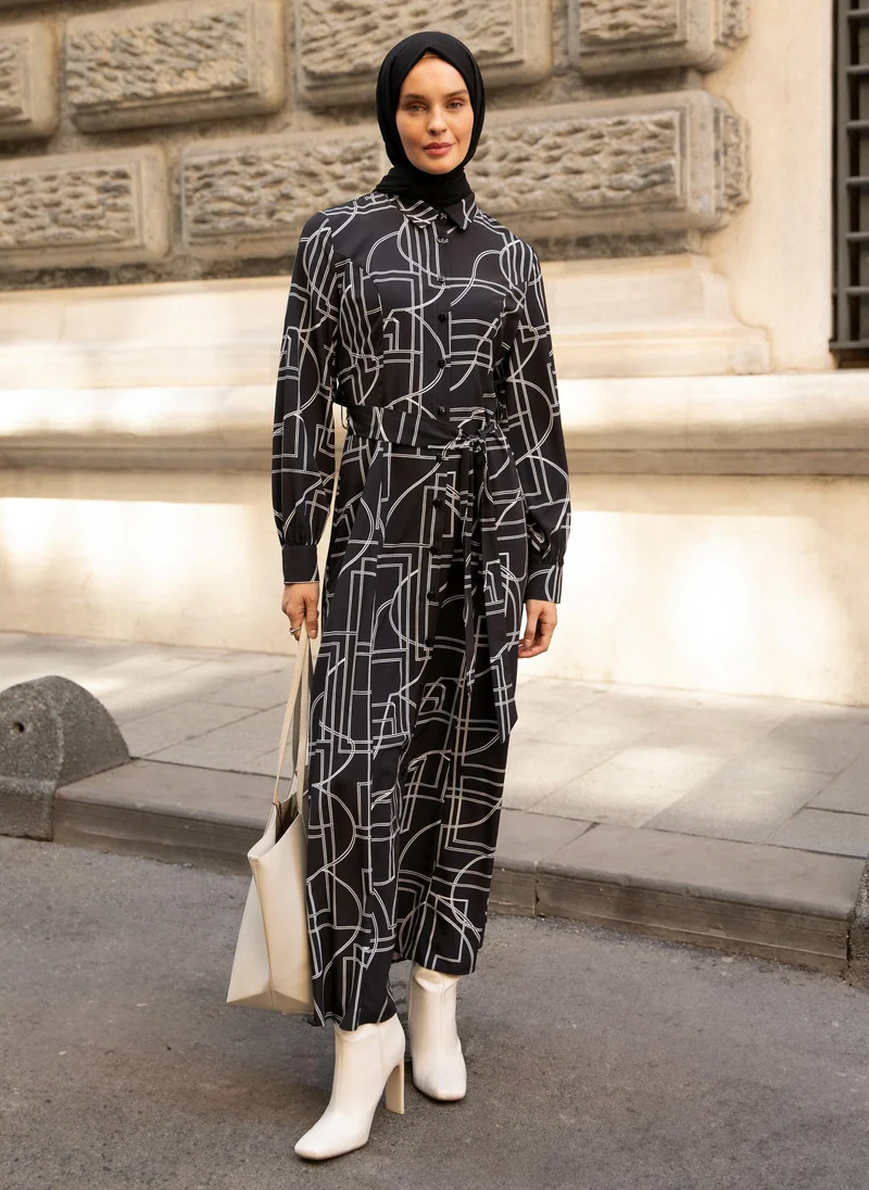 Refka by modanisa Geometric Patterned Poplin Dress - Black and White - Refka