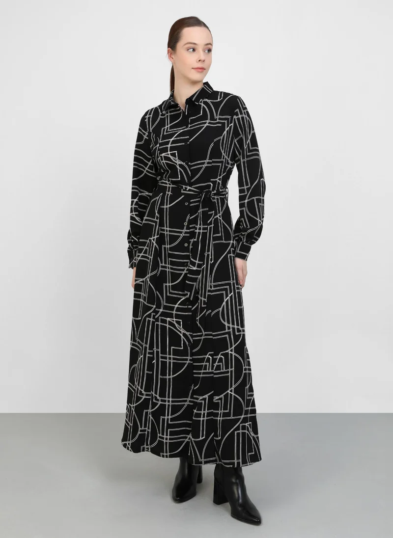 Refka by modanisa Geometric Patterned Poplin Dress - Black and White - Refka