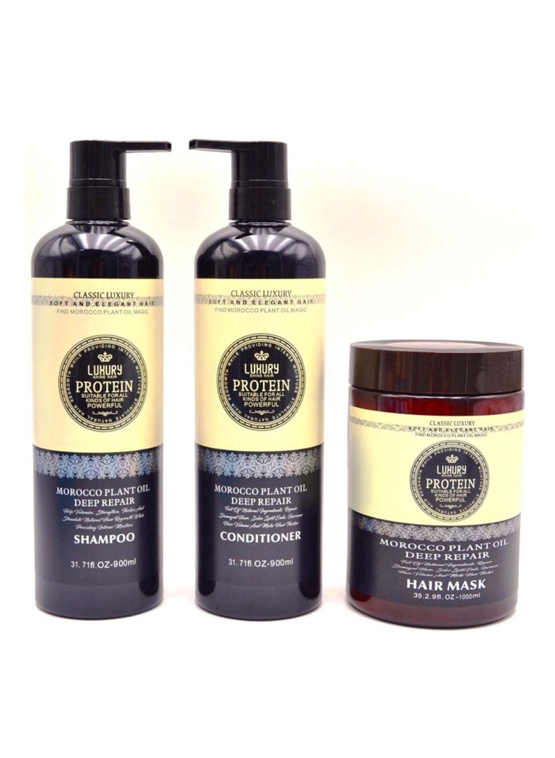 Luxury Protein Morocco Plant Oil Deep Repair Hair Care Set 1x3 (Shampoo 900ml, Conditioner 900ml And Hair Mask 1000ml)