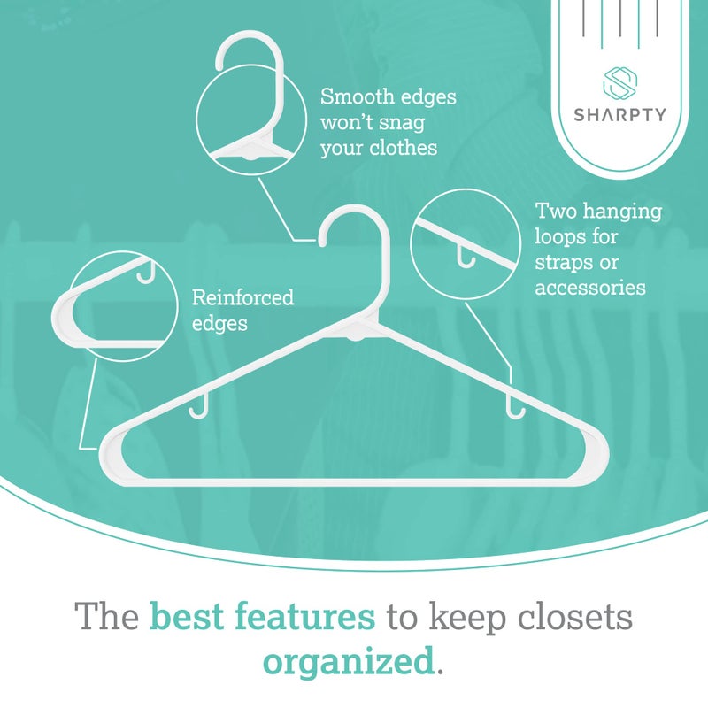Sharpty Plastic Hangers Clothes Hangers for Clothing, Closet, Coats & Shirts - Durable & Space Saving - for Everyday Standard Use, Room Essentials & Basics - 20 Pack - White - Image 2