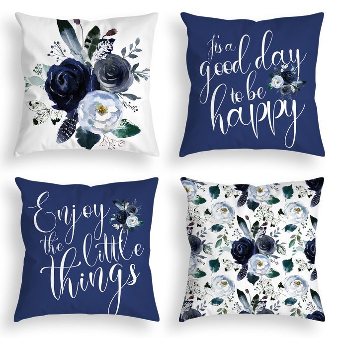 NAVY BLUE THROW PILLOW COVERS 20X20 INCH FLORAL ROSES FLOWER WHITE GREY PILLOWS DECORATIVE THROW PILLOWS MODERN QUOTE SPRING VELVET CUSHION CASE SET OF 4 FOR COUCH BED SOFA