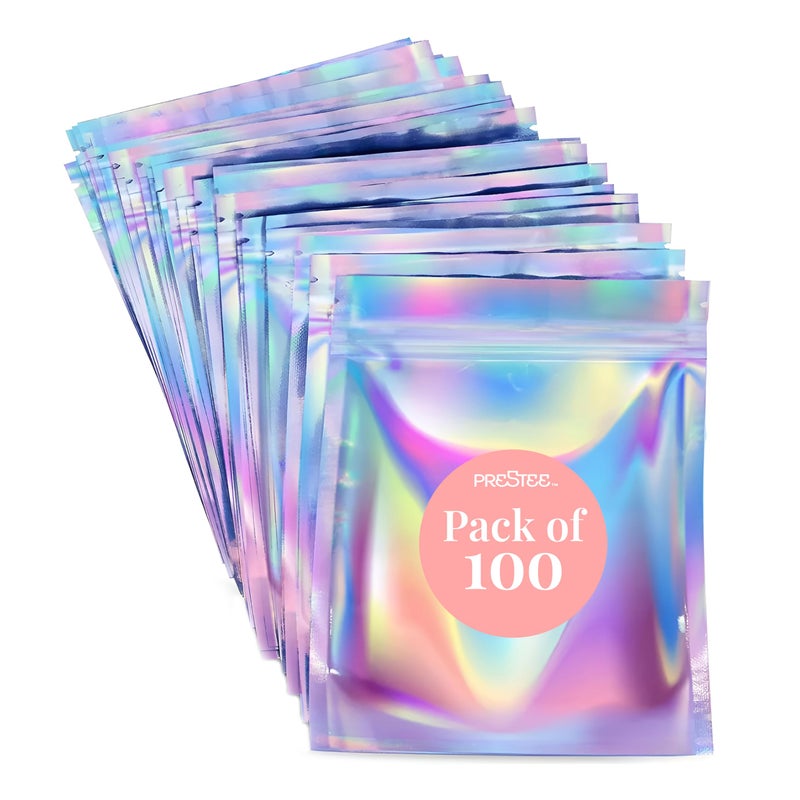 Prestee 100 Pieces Mylar Bags 4X6  Food Storage Coffee Storage Candy Bag  Resealable Mini Ziplock for Small Business Packaging  Holographic Bag Smell Proof with Window  4X6 Mylar Bags