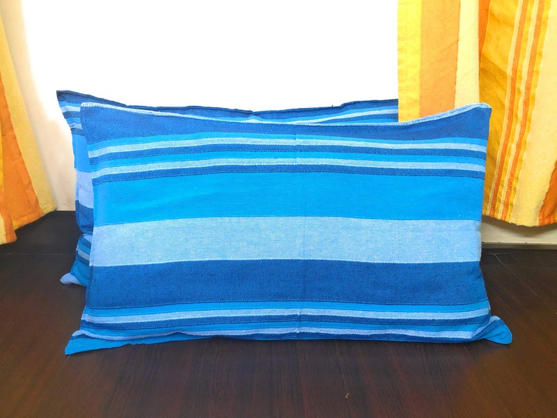 RANGBHAR Handloom Pillow Covers, Set of 2 Cotton Pillow Covers, Striped, 18 x 27 inch, Blue - Image 2