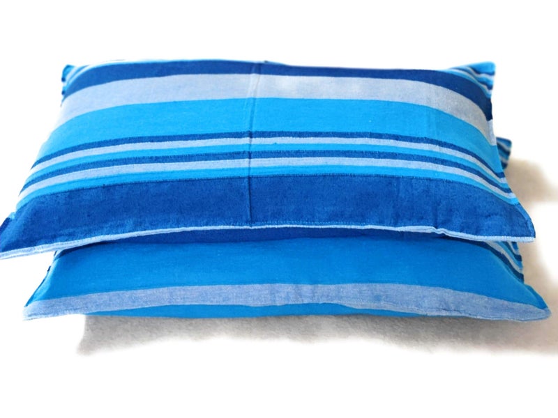 RANGBHAR Handloom Pillow Covers, Set of 2 Cotton Pillow Covers, Striped, 18 x 27 inch, Blue - Image 1