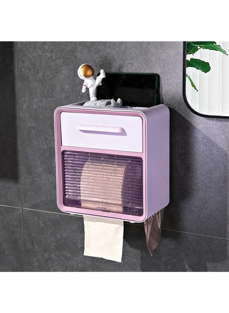Waterproof Toilet Paper Holder with Shelf, Wall Mounted Toilet Roll Holder, Large Toilet Paper Storage Organizer Tray, Purple - Image 1