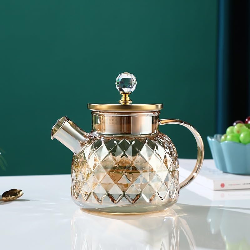 DD Retails Diamond Texture Design Glass Tea Pot Large Capacity Tea Kettle with Handle and Crystal Lid Handle Teapot Beverage for Serving Coffee Warm Water Juice 1000ml Tea Pot - Image 1