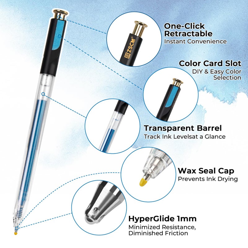 ZSCM Retractable Glitter Gel Pens, 12 Colors Large Capacity Blue Glitter Metallic Gel Ink Pen, 1 mm Fine Point Smooth Writing Color Pens for Adult Coloring Book Note Taking Aesthetic Art Supplies - Image 2
