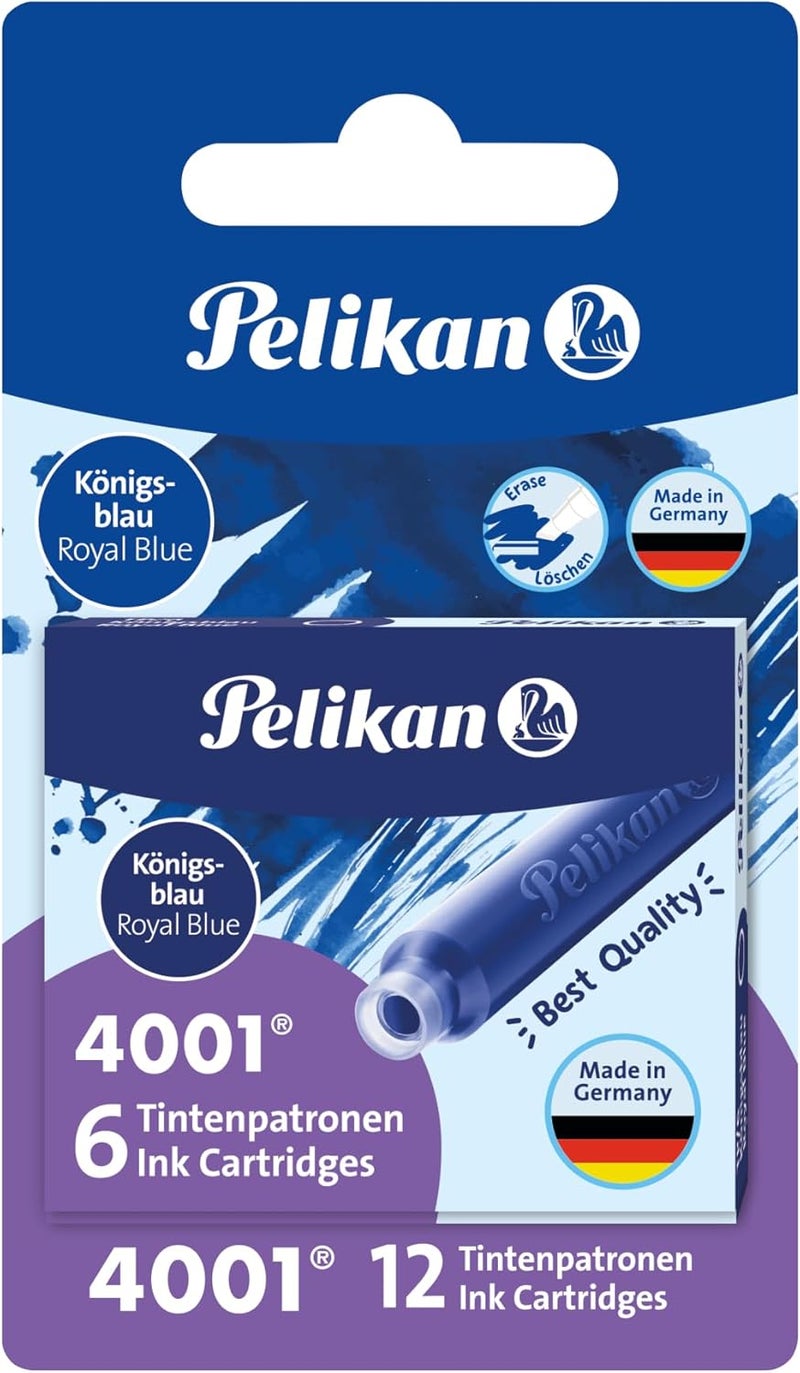 Pelikan 4001 TP/6 Ink Cartridges for Fountain Pens, Royal Blue, 0.8ml, 12-Pcs Pack (330795) - Image 1