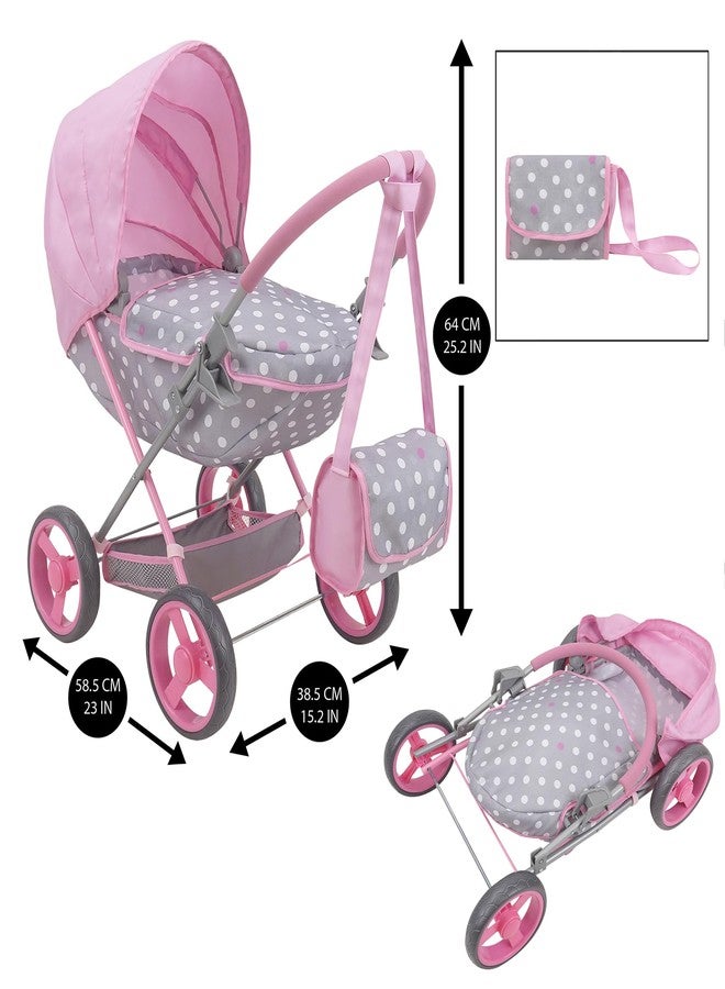 509 Crew: Cotton Candy Pink: Doll Deluxe Pram - Pink, Grey, Polka Dot - W/Matching Handbag, for Dolls Up to 18'', Removable Bassinet, Kids Ages 3+ - Image 3