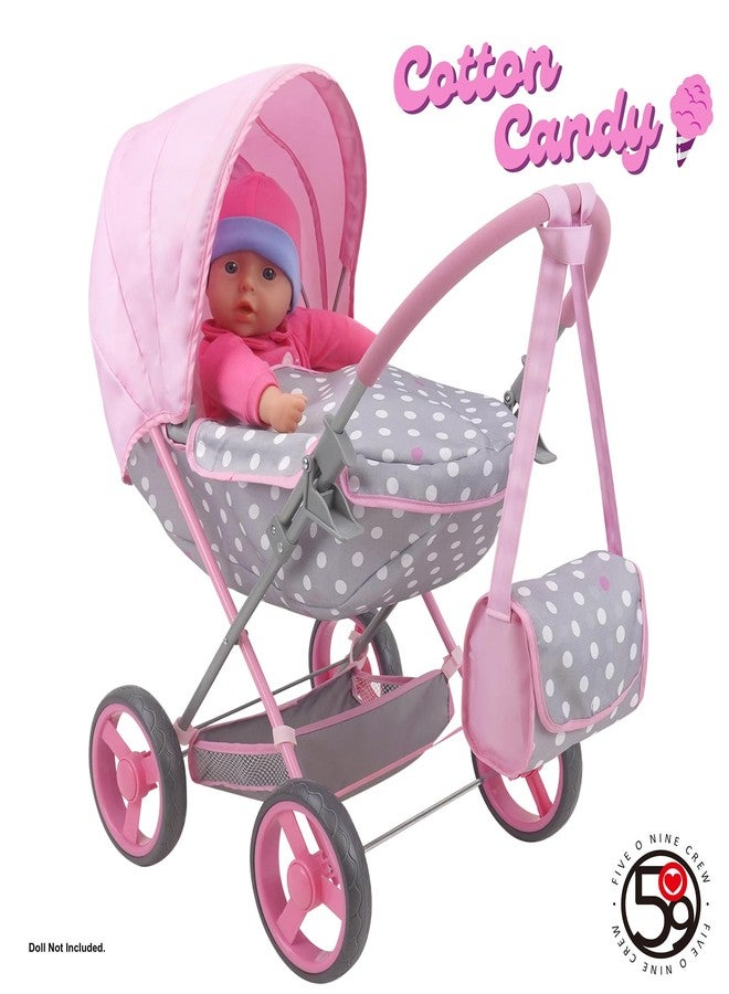 509 Crew: Cotton Candy Pink: Doll Deluxe Pram - Pink, Grey, Polka Dot - W/Matching Handbag, for Dolls Up to 18'', Removable Bassinet, Kids Ages 3+ - Image 5