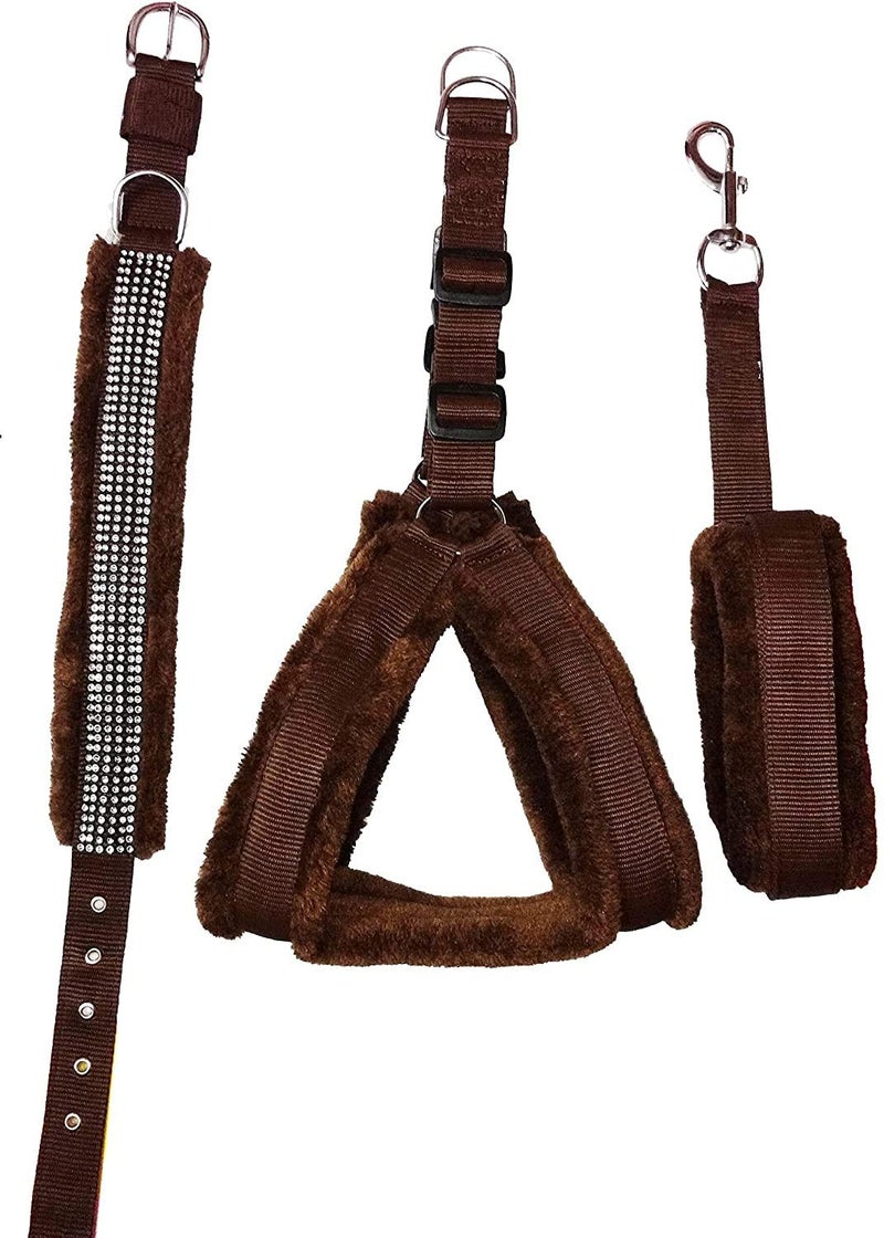 CAVALRY Nylon and Soft Fur Dog Collar Leash Harness Set (Small, Brown) - Image 1