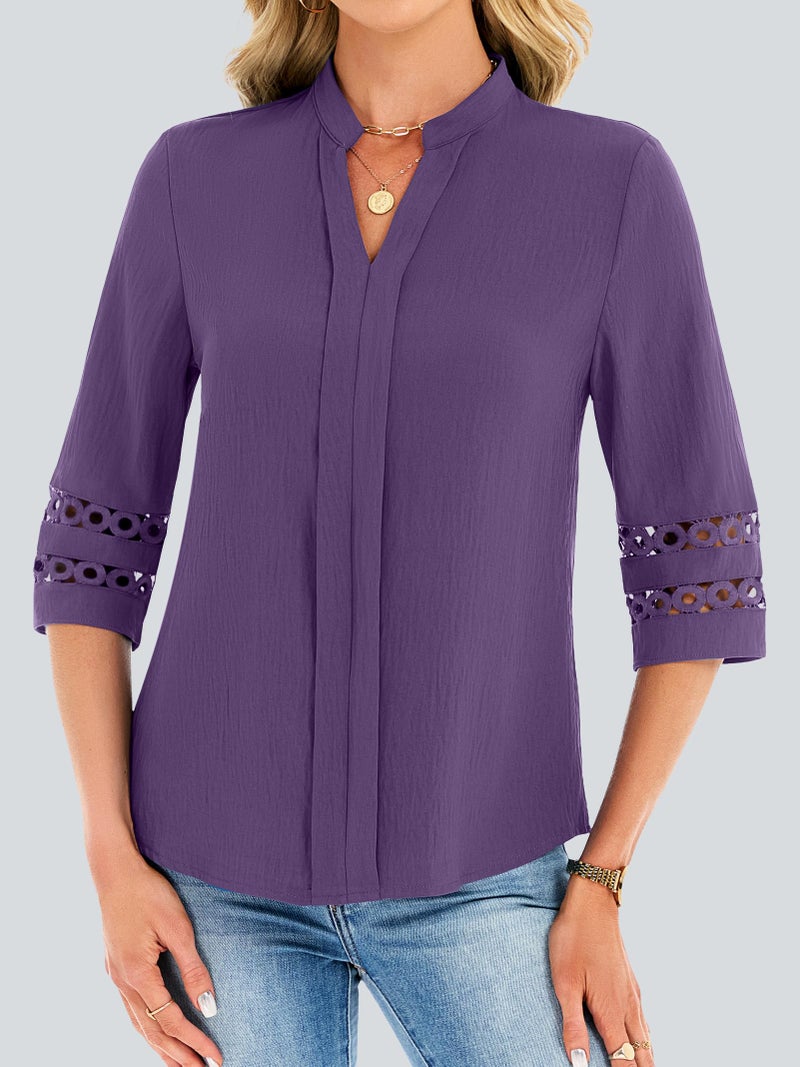 Funlingo 3/4 Length Sleeve Womens Tops Summer Dressy Casual V Neck Tunic Blouses Business Work Pleated Shirts Fashion Clothes Purple M - Image 2