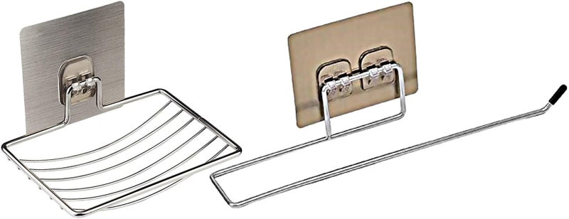 Style Keepers Pack of 2 Wall Mounted Self Adhesive Single Layer Stainless Steel Soap & Toilet Paper Holder with Non-Drill Magic Sticker Hanging Kitachen Sink Wash Basin Storage Bathroom Accessories Towel Bar - 2  - Image 1