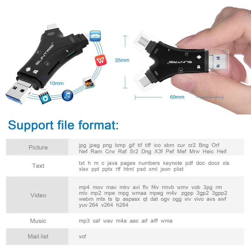 SUNTRSI SD Card Reader for iPhone/ipad/Android/Mac/Computer/Camera,4 in1 Micro SD Card Reader Trail Camera Viewer, Portable Memory Card Reader SD Card Adapter for SD and TF Cards(Black) - Image 4