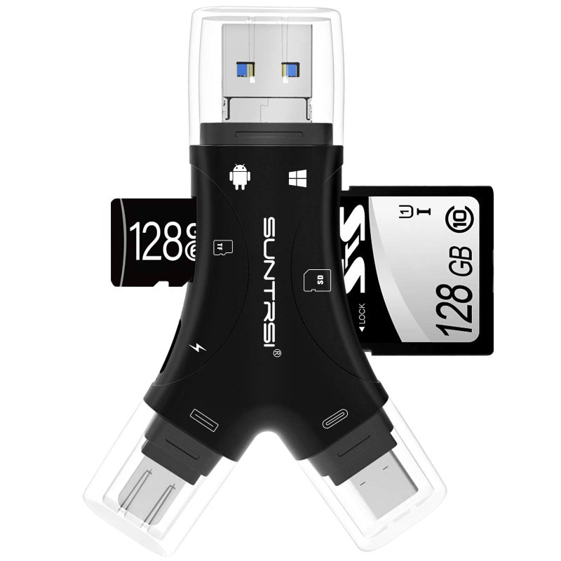 SUNTRSI SD Card Reader for iPhone/ipad/Android/Mac/Computer/Camera,4 in1 Micro SD Card Reader Trail Camera Viewer, Portable Memory Card Reader SD Card Adapter for SD and TF Cards(Black) - Image 1