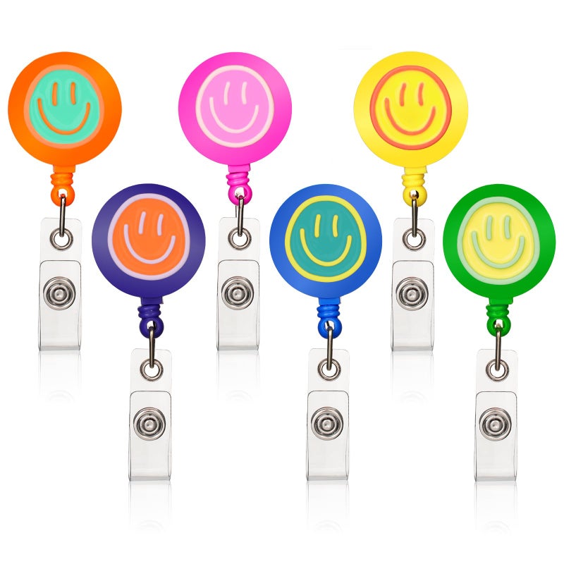 Eunoir 6 Pcs Colorful Faces Nurse Badge Reel, Cute Work Badge Holder with Retractable Clip, Nurse Accessories Name Tag ID Clip Holder for Office School Hospital Teacher - Image 1