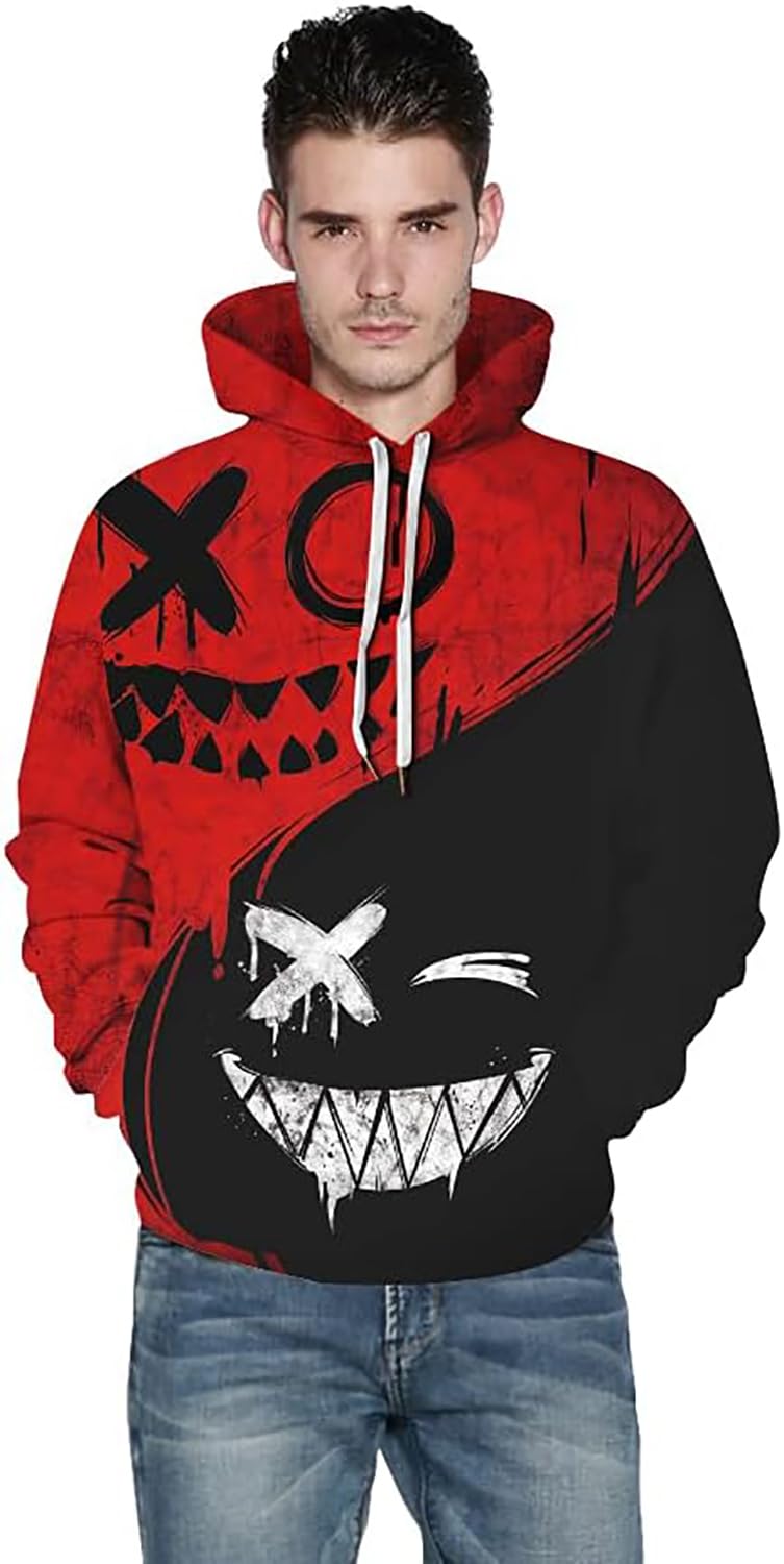 Basoteeuo Mens Hoodies Pullover Graphic Design 3D Cool Novelty Long Sleeves Hooded Sweatshirts with Pockets Red Black S - Image 2