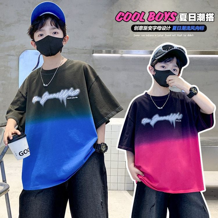Boys' Gradient Short-Sleeved T-Shirt Medium And Large Kidsren'S Loose Summer Thin Fashion Half-Sleeved Boy'S T-Shirt Trendy T - Image 2