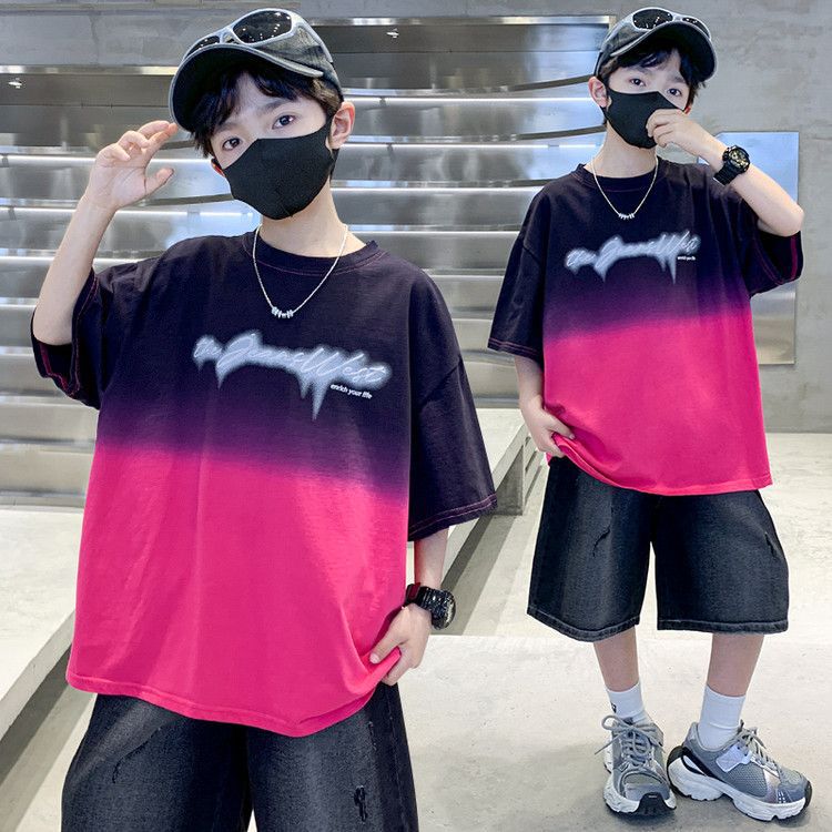 Boys' Gradient Short-Sleeved T-Shirt Medium And Large Kidsren'S Loose Summer Thin Fashion Half-Sleeved Boy'S T-Shirt Trendy T - Image 1