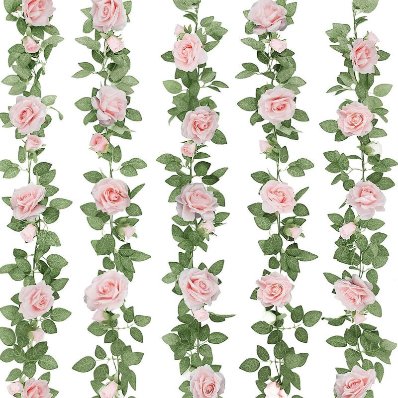 ZIFTY 5Pcs 32.5FT Pink Flower Garland Fake Rose Vines for Tea Party Mother's Day Decorations Faux Artificial Floral Garland Hanging Rose Ivy for Baby Shower Wedding Arch Ceremony Outdoor Wall Decor - Image 1
