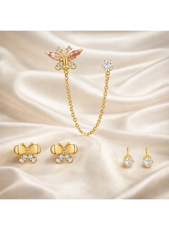 MTZ 3 Pairs Cubic Zirconia Stud Earrings Set for Women, Hypoallergenic Gold Plated Crystal Earrings, Dainty CZ Diamond Studs in Various Sizes, Sensitive Ear Friendly Jewelry Gift Box - Image 4