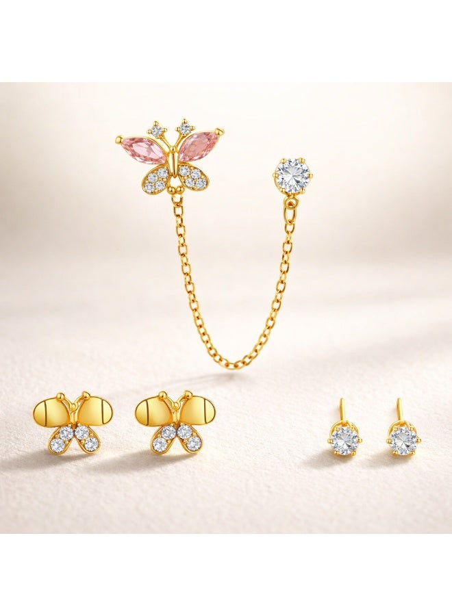 MTZ 3 Pairs Cubic Zirconia Stud Earrings Set for Women, Hypoallergenic Gold Plated Crystal Earrings, Dainty CZ Diamond Studs in Various Sizes, Sensitive Ear Friendly Jewelry Gift Box - Image 5