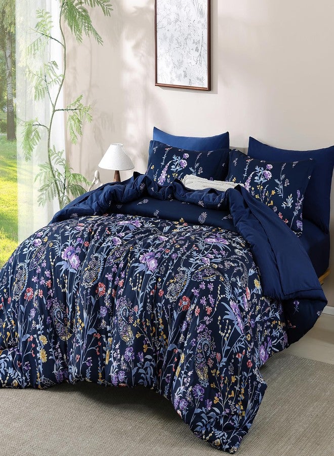 Yiran Navy Floral Comforter Set Queen Size, 7 Piece Blue Botanical Flowers Comforter Bedding Set, Bed in a Bag Queen, Soft Microfiber Complete Bedding Set with Sheets for All Season - Image 1