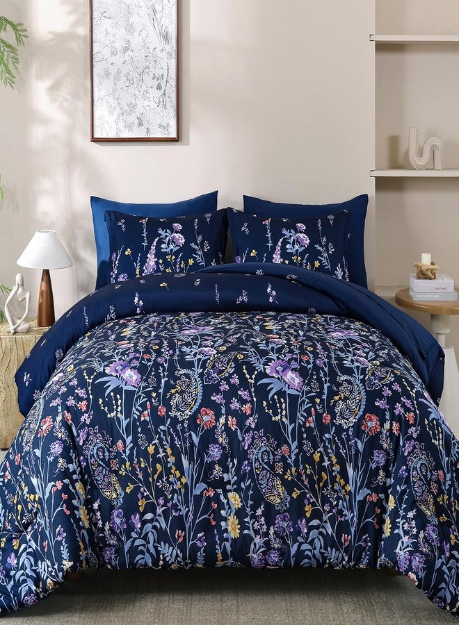 Yiran Navy Floral Comforter Set Queen Size, 7 Piece Blue Botanical Flowers Comforter Bedding Set, Bed in a Bag Queen, Soft Microfiber Complete Bedding Set with Sheets for All Season - Image 2