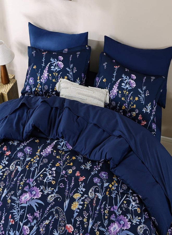 Yiran Navy Floral Comforter Set Queen Size, 7 Piece Blue Botanical Flowers Comforter Bedding Set, Bed in a Bag Queen, Soft Microfiber Complete Bedding Set with Sheets for All Season - Image 4