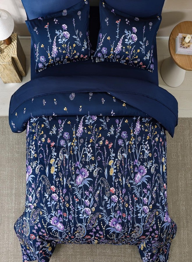 Yiran Navy Floral Comforter Set Queen Size, 7 Piece Blue Botanical Flowers Comforter Bedding Set, Bed in a Bag Queen, Soft Microfiber Complete Bedding Set with Sheets for All Season - Image 3