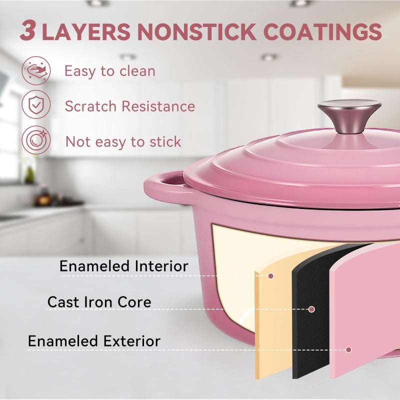 Miereirl 6 Quart Enameled Dutch Oven Pot with Lid, Cast Iron Dutch Oven with Dual Handles for Bread Baking, Cooking, Non-stick Enamel Coated Cookware, Pink - Image 4