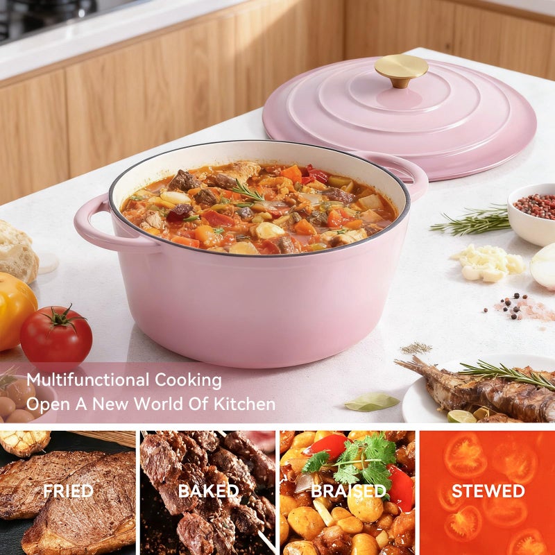 Miereirl 6 Quart Enameled Dutch Oven Pot with Lid, Cast Iron Dutch Oven with Dual Handles for Bread Baking, Cooking, Non-stick Enamel Coated Cookware, Pink - Image 3