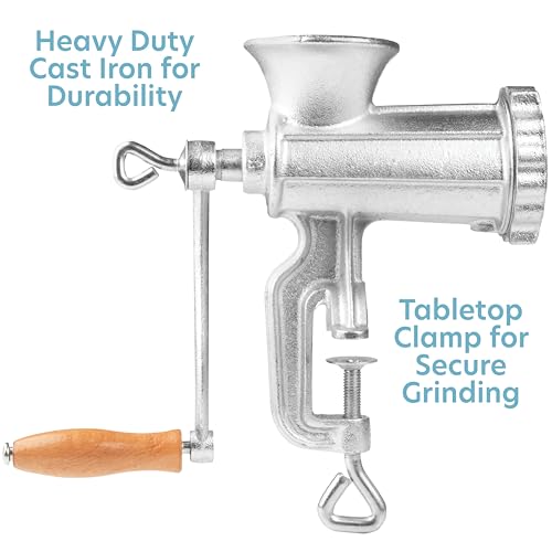 CucinaPro مطحنة لحم مع مشبك طاولة و 2 قرص قطع، صانع سجق ثقيل من الحديد الزهر ومفرمة لحم يدوية - كرات لحم منزلية، لحم مفروم والمزيد، طهي عطلة محمول، هدية أساسية للمطبخ - Image 3