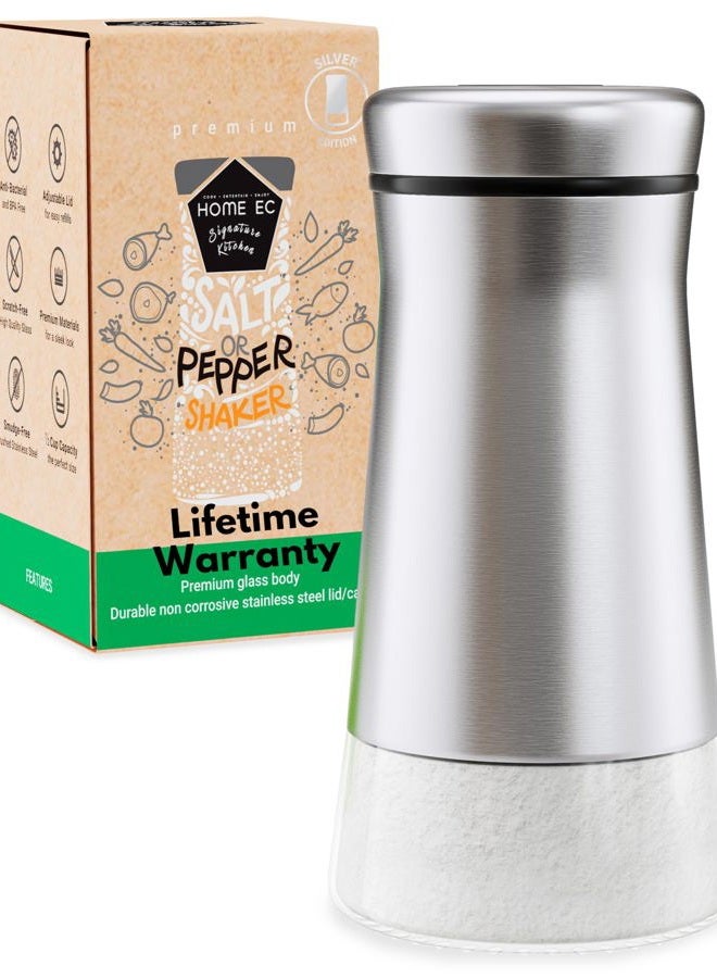 HOME EC Original Glass Salt shaker or Pepper Shaker with Adjustable Pour Holes - Stainless Steel Encased - For salts, ground peppercorns and spices - Great For Farmhouse or RV Camping - Image 1