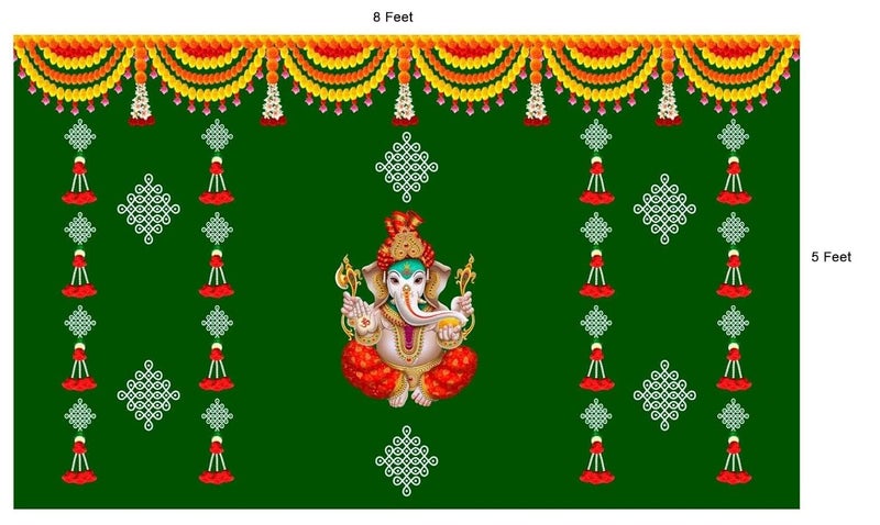 Bague Green Banana Leaf Backdrop Cloth for Pooja Decoration Traditional, Background Decoration Cloth for Pooja Background, Curtain Cloth for Festival Fabric 8x5 Feet (Green Ganesh) - Image 2